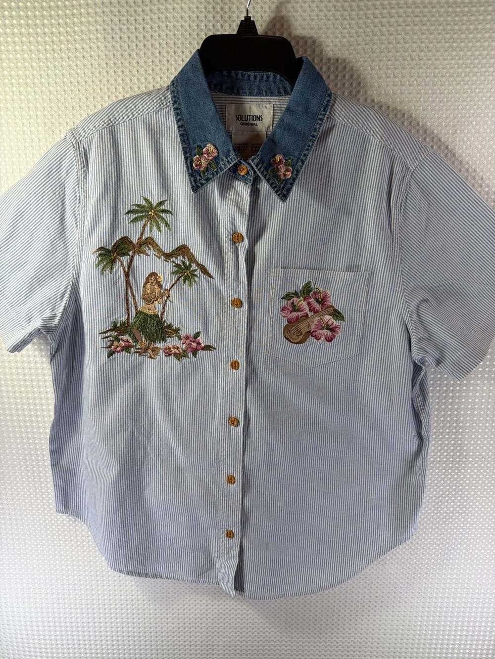 Solutions Original Hula Dancer & Hibiscus Embroidered Striped Button-Up Shirt
